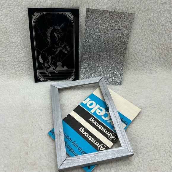 Painted glass vtg Lee Sales 1987 Unicorn black glitter silver 6" x 9" - Picture 6 of 10